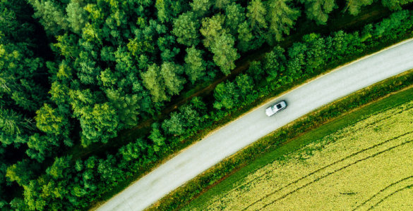 auto zwischen wiese und wald