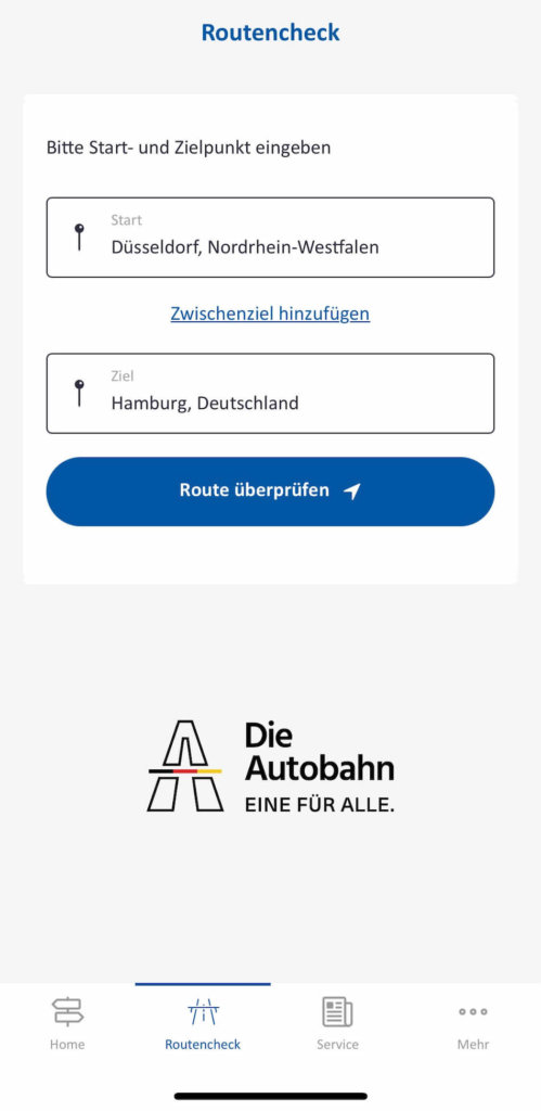 autobahn app eingabe der route