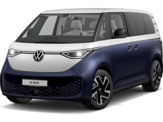 vw id buzz frontansicht in blau und weiss